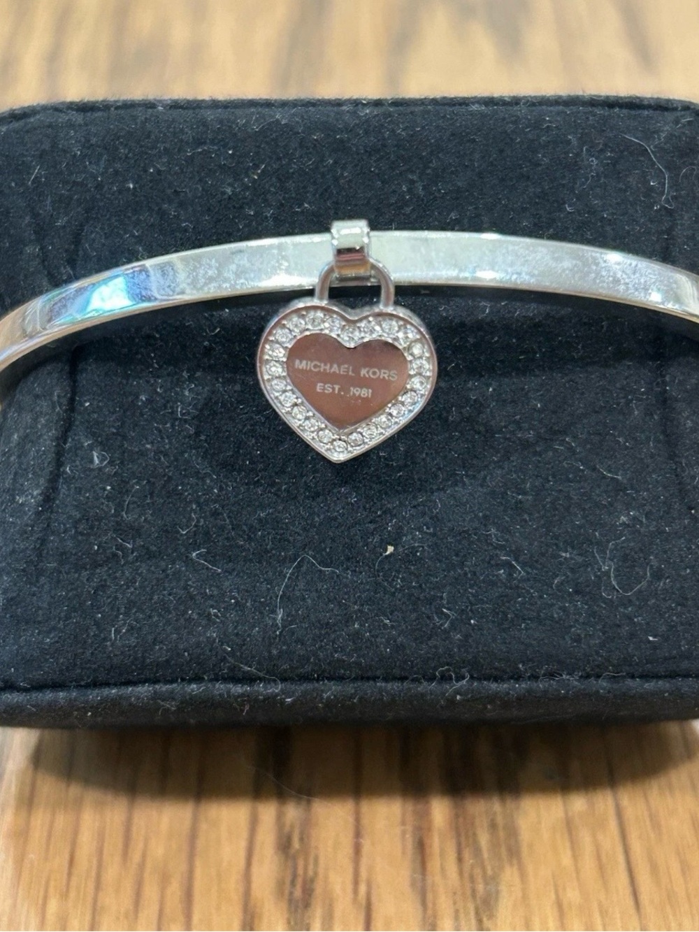 Michael Kors Silver Heart Charm Bangle with Crystal Accents